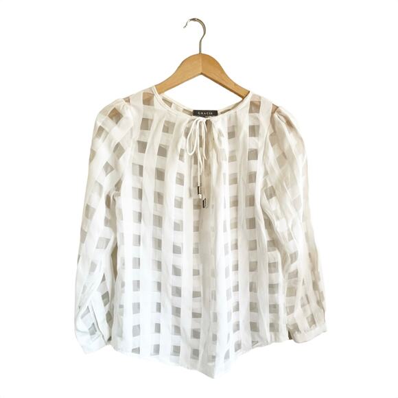 GRACIA White Peasant Blouse Neck Tie Top Long Sleeve Crew Neck Squares Small EUC - Picture 7 of 10